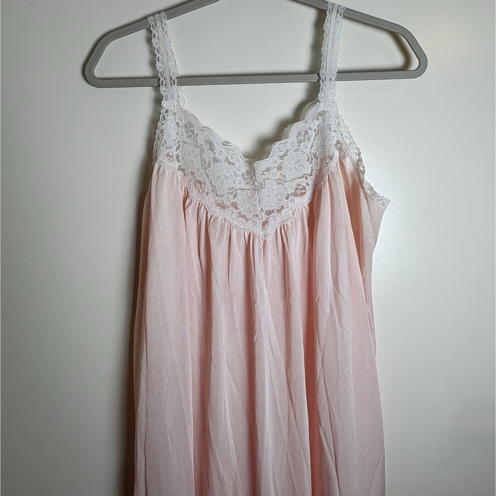 Vintage 70s Pastel Pink Nylon Nightgown M Coquette Lace Semi-sheer Maxi USA